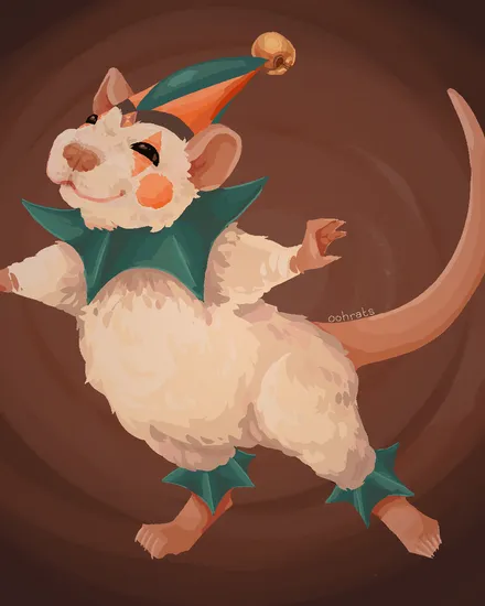 Painterly illustration of a white rat dressed as a jester in a green cap with a gold bell, ruffled collar, and webbed booties, mid-caper against a swirling brown backdrop